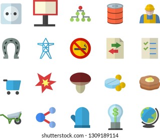 Color flat icon set builder flat vector, wheelbarrow, potholder, canned food, pancakes, mushroom, horseshoe, socket, power line support, grocery trolley, billboard, idea, pills, to do list, spark