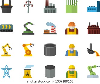 Color flat icon set builder flat vector, factory, power line support, manufactory, plant, conveyor, construction worker, fabric manufacture, pipe production, robotics, metallurgy, nuclear