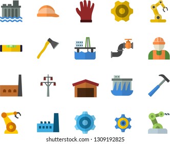 Color flat icon set builder flat vector, cogwheel, level meter, hard hat, ax, hammer, gloves, oil production platform, main pipeline, power line support, hydroelectric station, manufactory, robotics