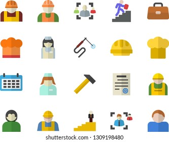 Color flat icon set builder flat vector, hard hat, hammer, cook, construction worker, welding, calendar, briefcase, nurse, recruitment, contract, career ladder, user