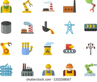 Color flat icon set builder flat vector, factory, power line support, manufactory, plant, conveyor, construction worker, fabric manufacture, pipe production, robotics, metallurgy, robot hand