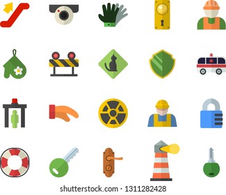 Color flat icon set builder flat vector, door lock, barrier, potholder, gloves, radiation, lighthouse, ambulance, escalator fector, control gate, pets allowed, surveillance camera, security, key