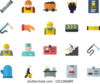 Color flat icon set builder flat vector, level meter, potholder, conveyor, construction worker, welding, mining, physician, headache, badge, office, businessman