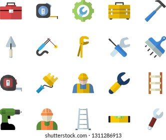 Color flat icon set builder flat vector, trowel, tool, drill screwdriver, tape measure, bag, paint roller, level meter, repair, putty knife, hammer, ladder, welding, wrench