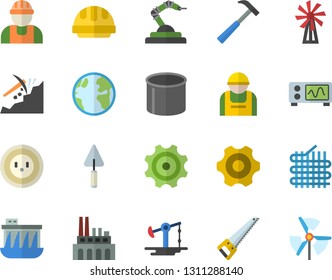 Color flat icon set builder flat vector, trowel, cogwheel, saw, hard hat, hammer, windmill, oil pumping, earth, socket, hydroelectric power station, plant, construction worker, fabric manufacture