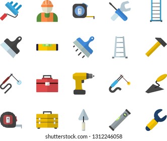 Color flat icon set builder flat vector, trowel, tool, drill screwdriver, tape measure, bag, ladder, paint roller, level meter, putty knife, hammer, welding, wrench