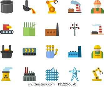 Color flat icon set builder flat vector, factory, power line support, manufactory, plant, conveyor, construction worker, fabric manufacture, pipe production, robotics, metallurgy, robot hand