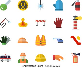 Color flat icon set builder flat vector, hard hat, barrier, potholder, gloves, radiation, laser, welding, lighthouse, ambulance, helicopter, escalator fector, key, life vest, fire extinguisher
