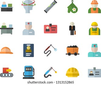 Color flat icon set builder flat vector, level meter, hard hat, potholder, refueling, conveyor, construction worker, welding, mining, physician, headache, badge, office, businessman