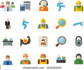 Color flat icon set builder flat vector, calculator, construction worker, person, team, telephone operator, office, businessman, weight, muscles, gymnastics, squats, push up, indentity card fector