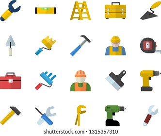 Color flat icon set builder flat vector, trowel, tool, drill screwdriver, tape measure, bag, ladder, paint roller, level meter, putty knife, hammer, wrench