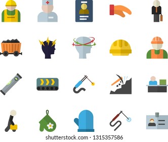Color flat icon set builder flat vector, level meter, hard hat, potholder, conveyor, construction worker, welding, mining, physician, headache, badge, office, businessman