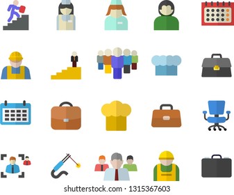 Color flat icon set builder flat vector, cook hat, construction worker, welding, team, calendar, briefcase, nurse, recruitment, office chair, career ladder, user, case