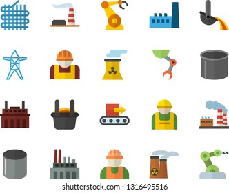 Color flat icon set builder flat vector, factory, power line support, manufactory, plant, conveyor, construction worker, fabric manufacture, pipe production, robotics, metallurgy, robot hand