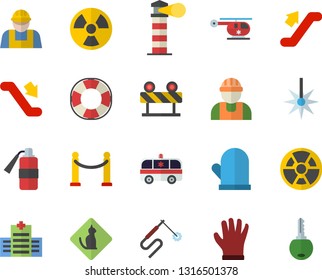 Color flat icon set builder flat vector, barrier, potholder, gloves, radiation, laser, welding, lighthouse, ambulance, helicopter, VIP area fector, escalator, hospital, pets allowed, lifebuoy, key
