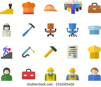 Color flat icon set builder flat vector, hard hat, hammer, cook, construction worker, welding, team, briefcase, nurse, office chair, contract, career ladder, user