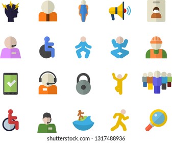 Color flat icon set builder flat vector, person, team, telephone operator, disabled, headache, phone, weight, yoga, gymnastics, run, size, indentity card fector, check in, surfing, mouthpiece