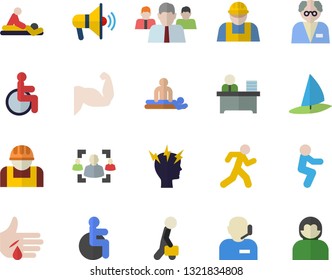 Color flat icon set builder flat vector, construction worker, team, disabled, massage, injury, headache, recruitment, phone operator, office, businessman, scientist, muscles, squats, run, user