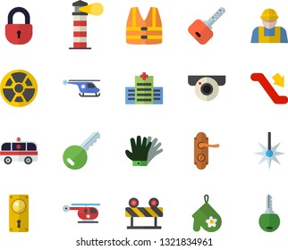 Color flat icon set builder flat vector, door lock, barrier, potholder, gloves, radiation, laser, lighthouse, ambulance, helicopter, escalator fector, hospital, surveillance camera, key, life vest