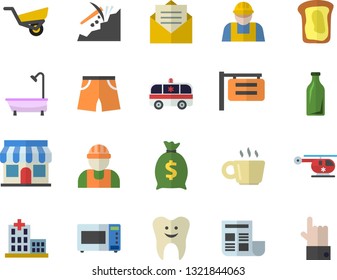 Color flat icon set builder flat vector, shower, microwave, sandwich, garden wheelbarrow, mining, glass bottles, store front, signboard, wealth, hospital, ambulance, helicopter, tooth, coffee
