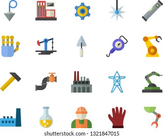 Color flat icon set builder flat vector, trowel, level meter, construction plummet, hammer, spring balance, gloves, oil pumping, main pipeline, chemistry, gas station, power line support, plant