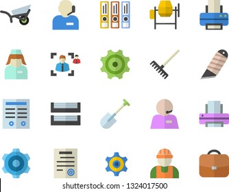 Color flat icon set builder flat vector, concrete mixer, cogwheel, stationery knife, shovel, rake, garden wheelbarrow, nurse, recruitment, phone operator, printer, paper tray, contract, briefcase