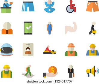 Color flat icon set builder flat vector, construction worker, person, investments, disabled, massage, businessman, astronaut helmet fector, muscles, athletic shorts, yoga, size, indentity card, hike
