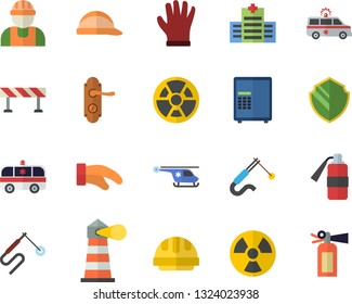 Color flat icon set builder flat vector, door lock, hard hat, barrier, potholder, gloves, radiation, welding, lighthouse, ambulance, helicopter, hospital fector, security, safe, fire extinguisher