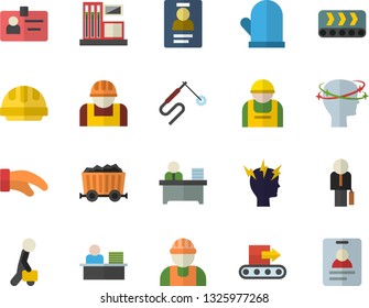 Color flat icon set builder flat vector, hard hat, potholder, gas station, conveyor, construction worker, welding, mining, headache, badge, office, businessman