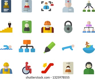 Color flat icon set builder flat vector, construction worker, hierarchy, marker, disabled, physician, recruitment, badge, career ladder, weight, swimming, push up, indentity card fector, escalator