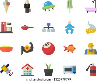 Color flat icon set builder flat vector, shower, frying pan, microwave, fish, porridge, ice cream, home plant, gas station, hospital, stomach, businessman, satellit, ufo, classification, muscles