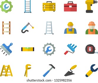 Color flat icon set builder flat vector, trowel, tool, drill screwdriver, tape measure, bag, ladder, paint roller, level meter, repair, putty knife, hammer, welding, wrench