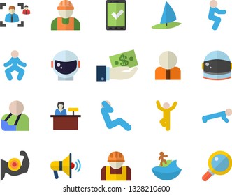 Color flat icon set builder flat vector, construction worker, person, investments, injury, recruitment, astronaut helmet fector, muscles, gymnastics, squats, push up, swing press, check in, surfing