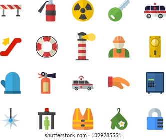 Color flat icon set builder flat vector, door lock, barrier, potholder, radiation, laser, lighthouse, ambulance, escalator fector, control gate, safe, key, life vest, lifebuoy, fire extinguisher