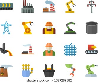 Color flat icon set builder flat vector, factory, power line support, plant, conveyor, construction worker, fabric manufacture, pipe production, robotics, metallurgy, robot hand, nuclear, industrial