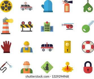 Color flat icon set builder flat vector, door lock, barrier, potholder, gloves, radiation, laser, welding, lighthouse, ambulance, helicopter, hospital fector, pets allowed, key, lifebuoy