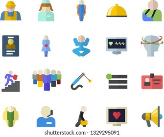 Color flat icon set builder flat vector, dish, welding, team, computer diagnostics of health, injury, headache, gestation, nurse, badge, phone operator, businessman, career ladder, yoga, size, menu