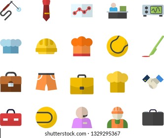 Color flat icon set builder flat vector, hard hat, cook, welding, case, briefcase, scalpel, phone operator, office worker, point diagram, tie, agreement, oscilloscope, athletic shorts, tennis ball
