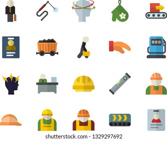 Color flat icon set builder flat vector, level meter, hard hat, potholder, refueling, conveyor, construction worker, welding, mining, headache, badge, office, businessman