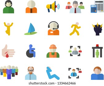 Color flat icon set builder flat vector, calculator, person, team, telephone operator, disabled, injury, headache, recruitment, scientist, swing press, gymnastics, run, control gate fector, user