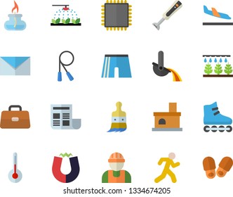 Color flat icon set builder flat vector, blender, temperature, sprinkling machine, paint brush, fireplace, metallurgy, briefcase, document, mail, gas burner, cpu, magnet, skipping rope, run