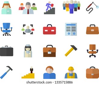 Color flat icon set builder flat vector, hammer, welding, case, team, briefcase, nurse, recruitment, office chair, contract, career ladder, user