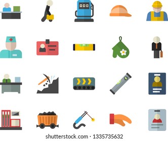 Color flat icon set builder flat vector, level meter, hard hat, potholder, gas station, refueling, conveyor, welding, mining, physician, badge, office worker, businessman