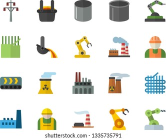 Color flat icon set builder flat vector, factory, power line support, manufactory, plant, conveyor, construction worker, fabric manufacture, pipe production, robotics, metallurgy, nuclear