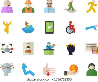 Color flat icon set builder flat vector, calculator, investments, disabled, injury, headache, recruitment, phone operator, scientist, push up, swing press, gymnastics, run, indentity card fector