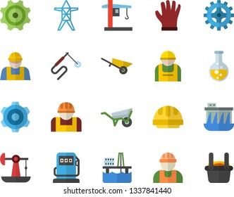 Color flat icon set builder flat vector, wheelbarrow, cogwheel, hard hat, gloves, oil production platform, pumping, chemistry, refueling, power line support, hydroelectric station, crane, welding