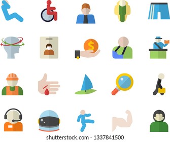Color flat icon set builder flat vector, person, investments, telephone operator, disabled, injury, headache, businessman, astronaut helmet fector, muscles, athletic shorts, gymnastics, swing press