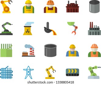 Color flat icon set builder flat vector, factory, power line support, plant, conveyor, construction worker, fabric manufacture, pipe production, robotics, metallurgy, robot hand, nuclear, industrial