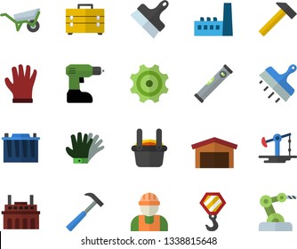 Color flat icon set builder flat vector, hook, wheelbarrow, drill screwdriver, tool bag, level meter, putty knife, hammer, gloves, oil pumping, accumulator, manufactory, plant, cogwheel, metallurgy