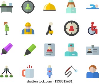 Color flat icon set builder flat vector, dish, tea, welding, target audience, marker, disabled, physician, gestation, nurse, office worker, hierarchy, businessman, swimming, badge, user
